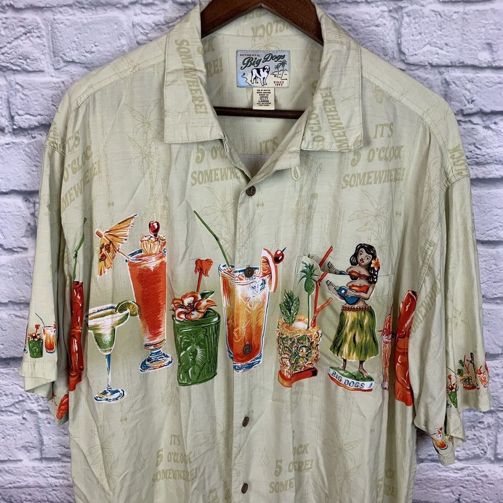 Big Dogs Hawaiian Shirt Mens It's Five‎ O'Clock Somewhere Cocktails Drinks Large